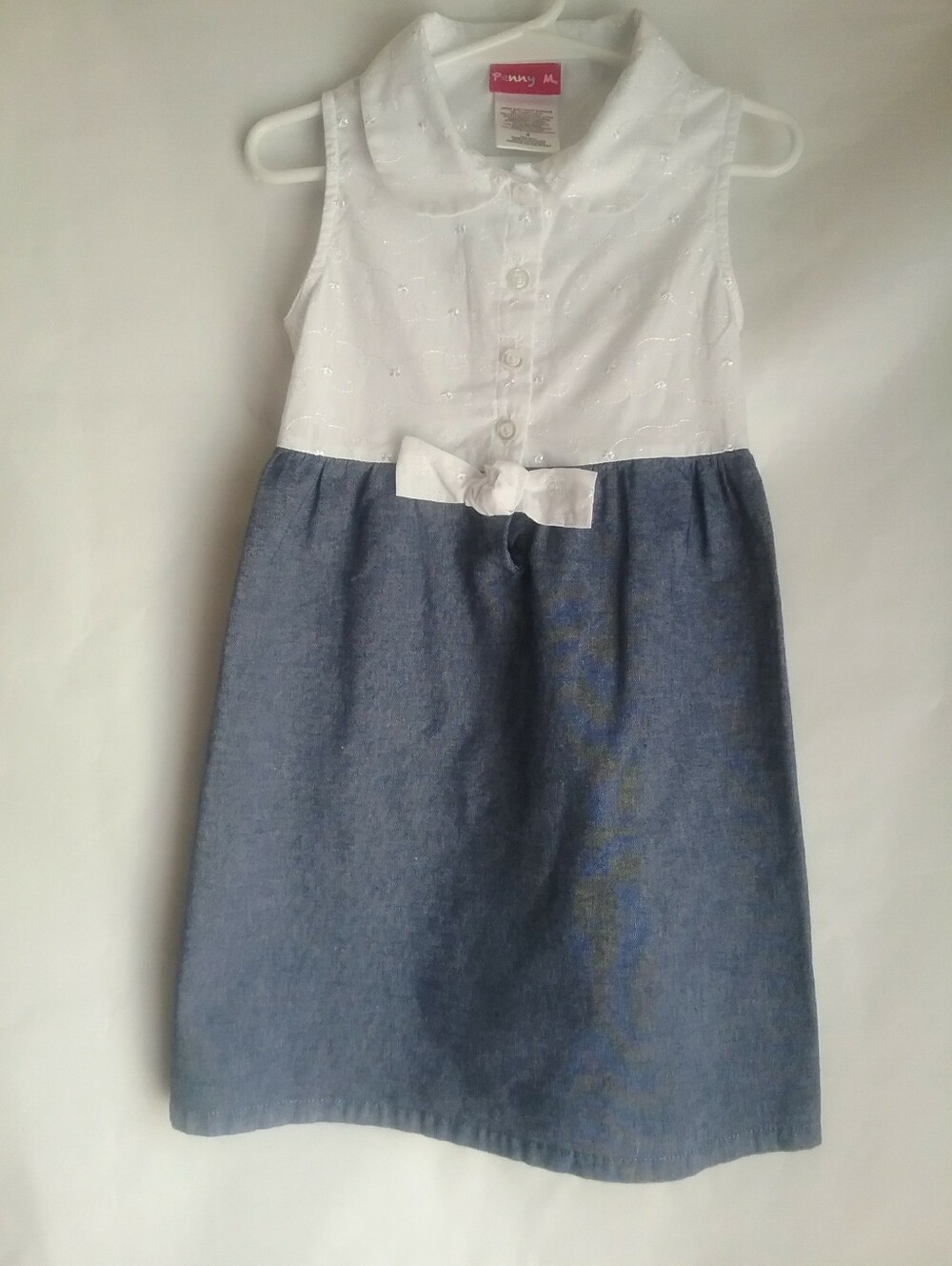 White Sleeveless Top with Blue Chambray Bottom and Bow Dress Sz 4